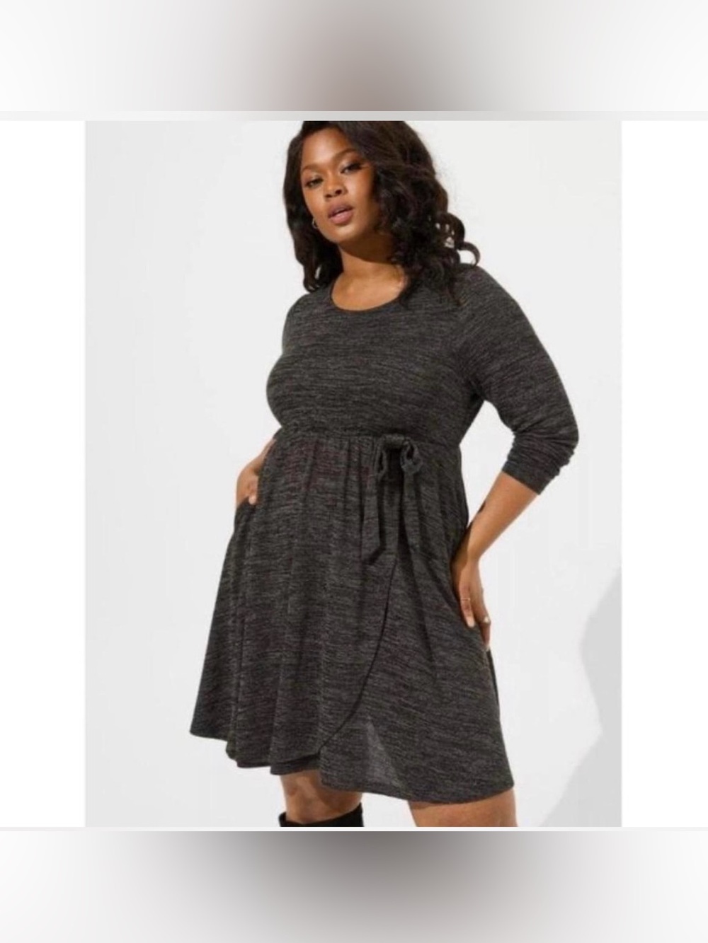 NWT TORRID AT THE KNEE HACCI FAUX WRAP SWEATER DRESS Gray Black Sz L / 0